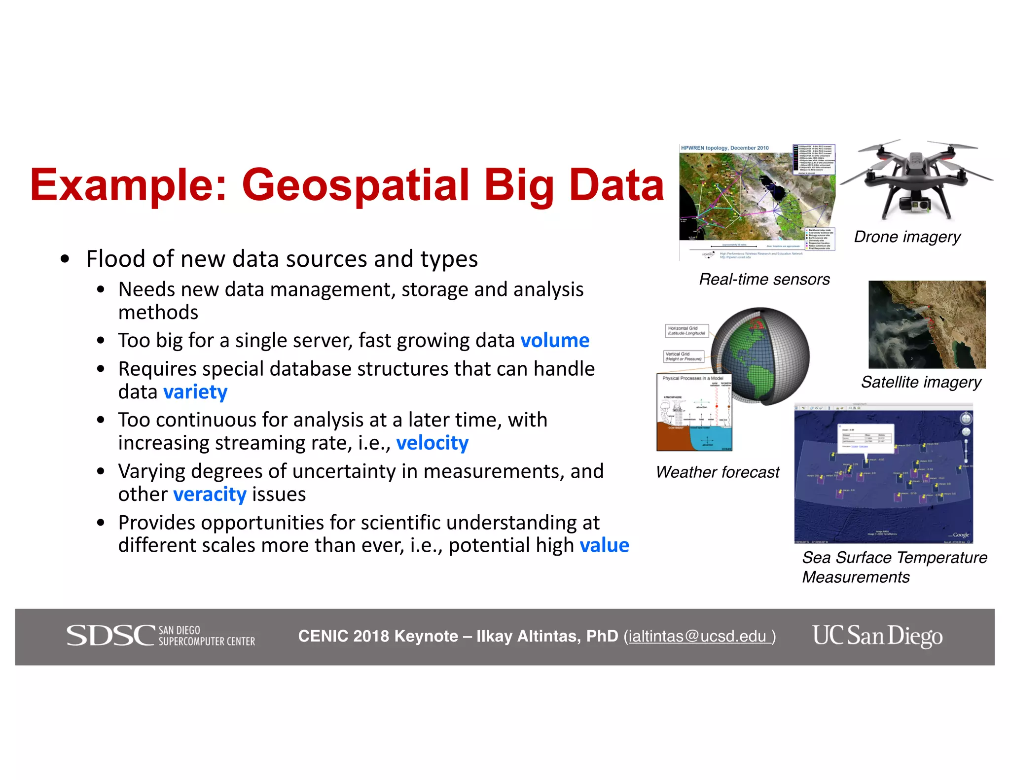 CENIC 2018 Keynote – Ilkay Altintas, PhD (ialtintas@ucsd.edu )
Example: Geospatial Big Data
• Flood of new data sources and types
• Needs new data management, storage and analysis
methods
• Too big for a single server, fast growing data volume
• Requires special database structures that can handle
data variety
• Too continuous for analysis at a later time, with
increasing streaming rate, i.e., velocity
• Varying degrees of uncertainty in measurements, and
other veracity issues
• Provides opportunities for scientific understanding at
different scales more than ever, i.e., potential high value
Real-time sensors
Weather forecast
Satellite imagery
Sea Surface Temperature
Measurements
Drone imagery
 