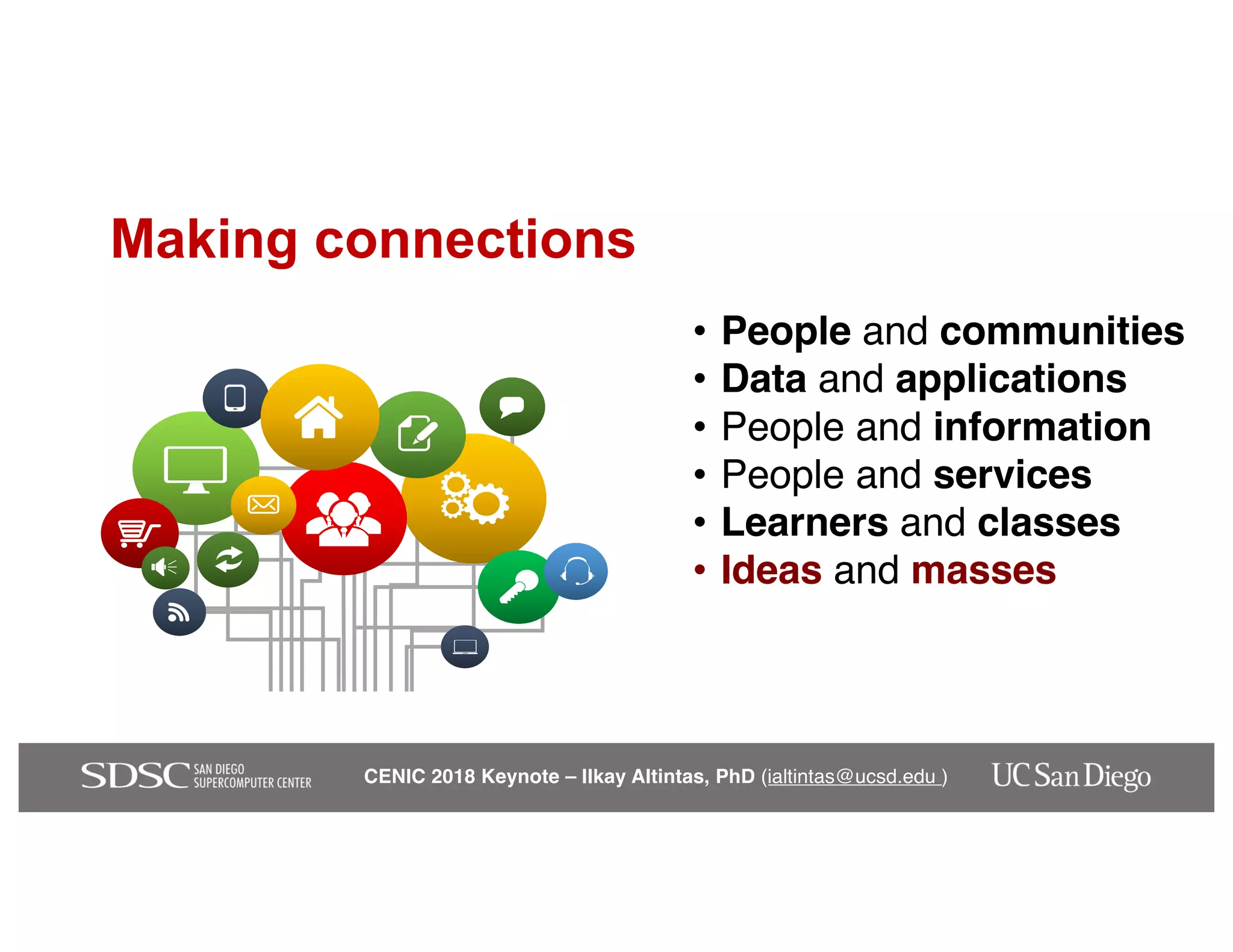CENIC 2018 Keynote – Ilkay Altintas, PhD (ialtintas@ucsd.edu )
Making connections
• People and communities
• Data and applications
• People and information
• People and services
• Learners and classes
• Ideas and masses
 
