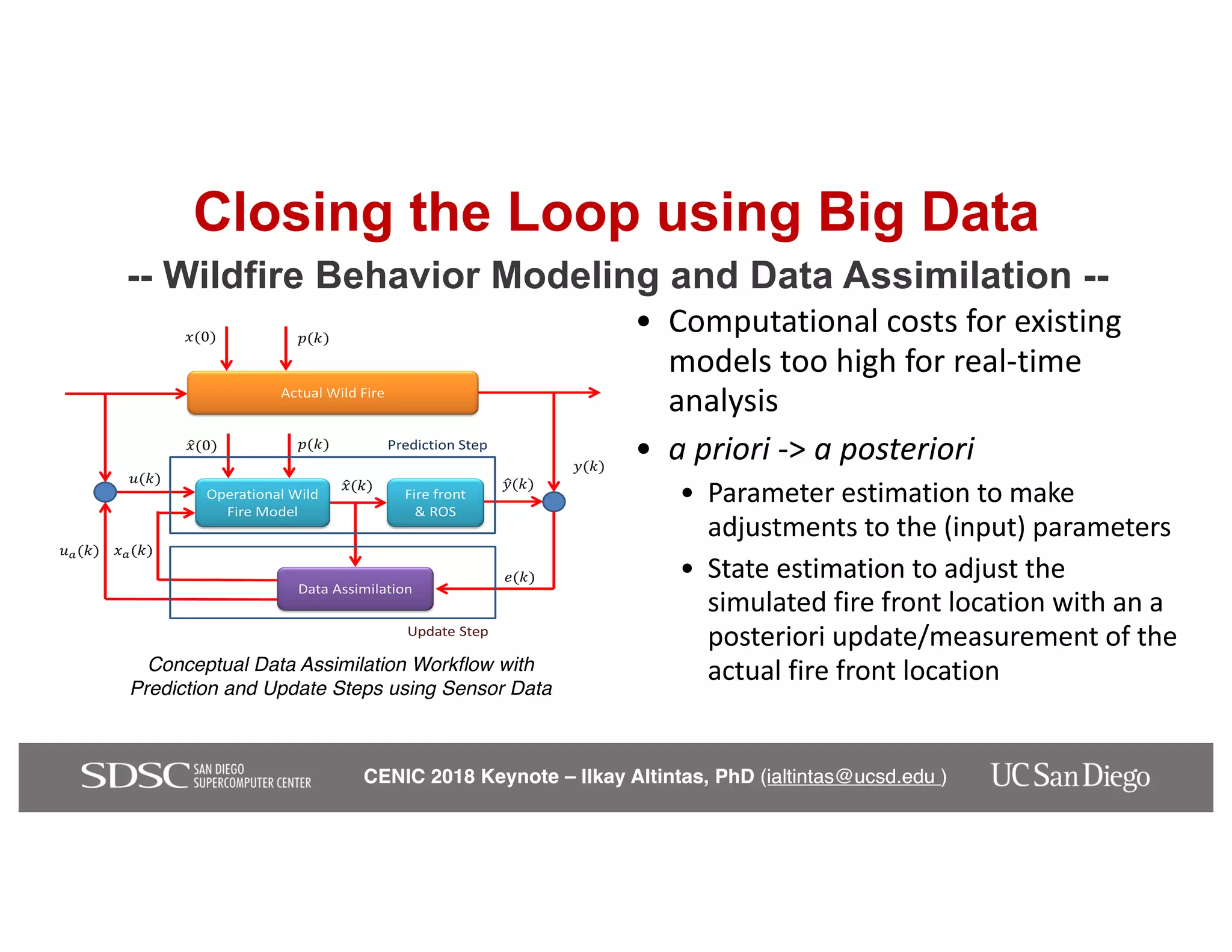 CENIC 2018 Keynote – Ilkay Altintas, PhD (ialtintas@ucsd.edu )CENIC 2018 Keynote – Ilkay Altintas, PhD (ialtintas@ucsd.edu )
Closing the Loop using Big Data
-- Wildfire Behavior Modeling and Data Assimilation --
• Computational costs for existing
models too high for real-time
analysis
• a priori -> a posteriori
• Parameter estimation to make
adjustments to the (input) parameters
• State estimation to adjust the
simulated fire front location with an a
posteriori update/measurement of the
actual fire front locationConceptual Data Assimilation Workflow with
Prediction and Update Steps using Sensor Data
 