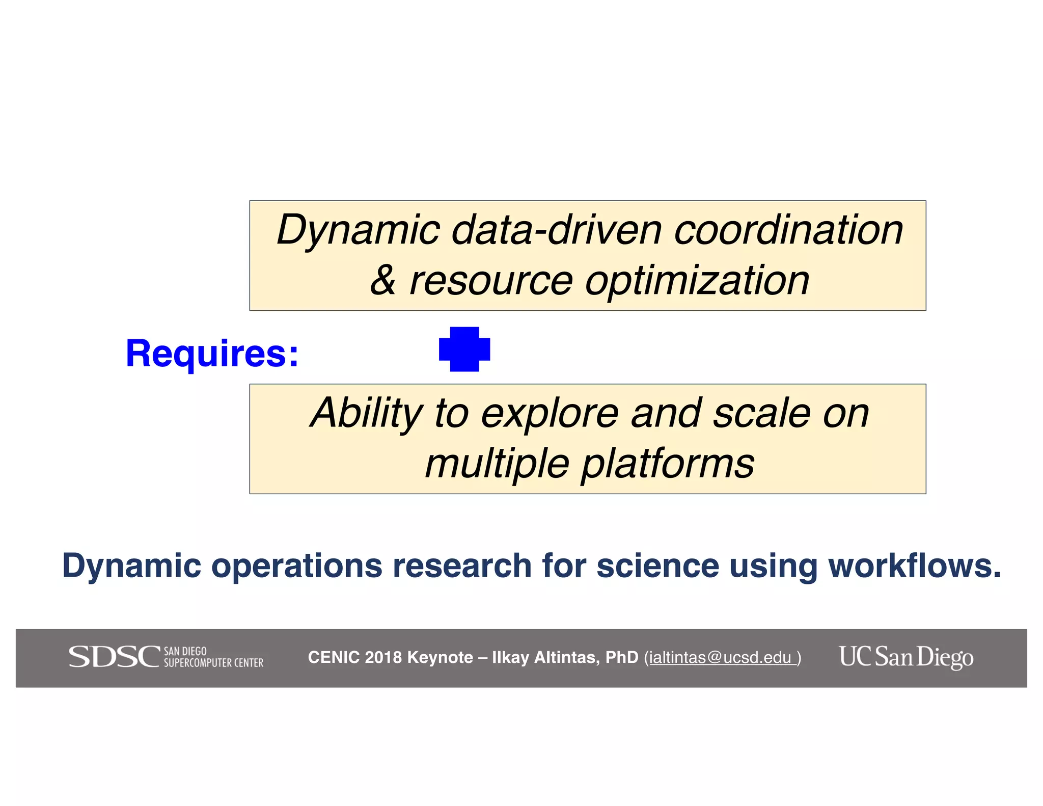 CENIC 2018 Keynote – Ilkay Altintas, PhD (ialtintas@ucsd.edu )
Dynamic data-driven coordination
& resource optimization
Requires:
Ability to explore and scale on
multiple platforms
Dynamic operations research for science using workflows.
 