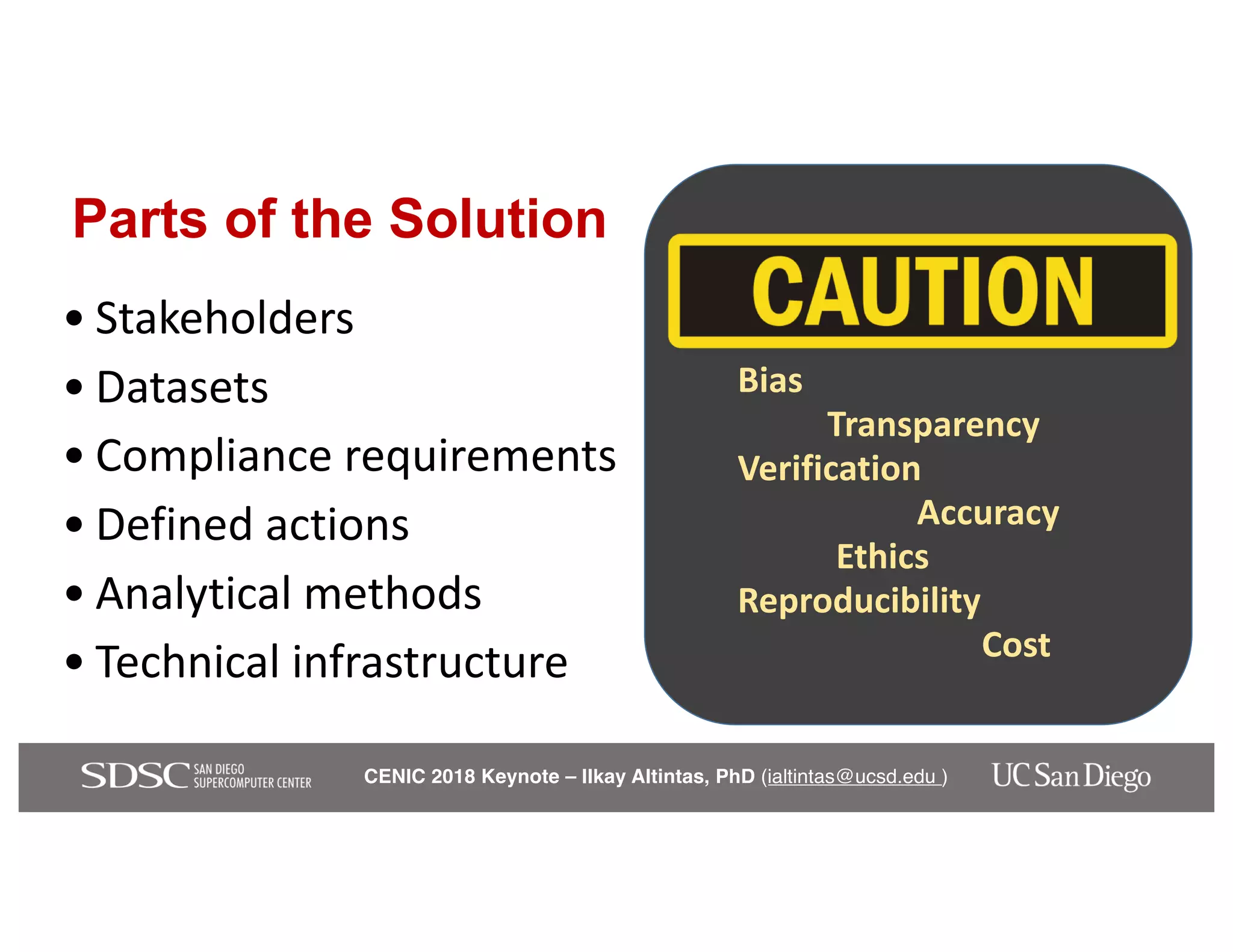 CENIC 2018 Keynote – Ilkay Altintas, PhD (ialtintas@ucsd.edu )
Parts of the Solution
• Stakeholders
• Datasets
• Compliance requirements
• Defined actions
• Analytical methods
• Technical infrastructure
Bias
Transparency
Verification
Accuracy
Ethics
Reproducibility
Cost
 