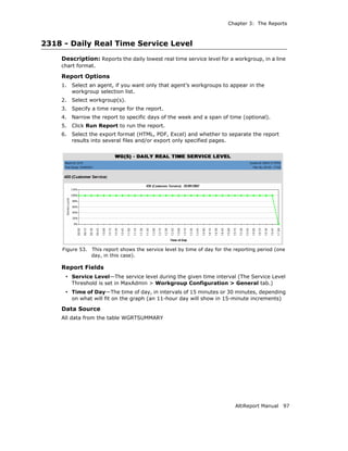 Chapter 3: The Reports



2318 - Daily Real Time Service Level
    Description: Reports the daily lowest real time service level for a workgroup, in a line
    chart format.

    Report Options
    1.   Select an agent, if you want only that agent’s workgroups to appear in the
         workgroup selection list.
    2.   Select workgroup(s).
    3.   Specify a time range for the report.
    4.   Narrow the report to specific days of the week and a span of time (optional).
    5.   Click Run Report to run the report.
    6.   Select the export format (HTML, PDF, Excel) and whether to separate the report
         results into several files and/or export only specified pages.




     Figure 53.   This report shows the service level by time of day for the reporting period (one
                  day, in this case).

    Report Fields
      • Service Level—The service level during the given time interval (The Service Level
         Threshold is set in MaxAdmin > Workgroup Configuration > General tab.)
      • Time of Day—The time of day, in intervals of 15 minutes or 30 minutes, depending
         on what will fit on the graph (an 11-hour day will show in 15-minute increments)

    Data Source
    All data from the table WGRTSUMMARY




                                                                             AltiReport Manual   97
 