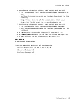 Chapter 3: The Reports



   • Abandoned (all calls with talk duration = 0 and abandon target type > 0)*
      • # of Calls—Number of calls to this DNIS number that were abandoned by an
        agent
      • % of Calls—Percentage that number is of Total Calls ([Abandoned] # of Calls/
        Total Calls)
      • Hangs in Queue—Number of calls that were abandoned while in queue
      • Hangs in Ring—Number of calls that were abandoned during ring
   • Overflowed (all calls with talk duration = 0 and abandon target type = 0)*
      • # of Calls—Number of calls to this DNIS number that were overflowed
      • % of Calls—Percentage that number is of Total Calls ([Overflowed] # of Calls/
        Total Calls)
 • # of VM—Number of callers that left voice mail (Exit states are 15, 16.)
 • # of Calls in Queue—Number of calls that spent time in queue (Exit state is 6.)
 • # of Xfer—Number of calls that were transferred (Exit state is 12.)
Data Source
All data from the table CDRMAIN


*Exit states of Answered, Abandoned, and Overflowed calls:
   Answered: Exit states are 8, 9, 10, 11, 12, 23, 24, 25.
   Abandoned: Exit state is 6.
   Overflowed: Exit state is 7.




                                                                AltiReport Manual   103
 