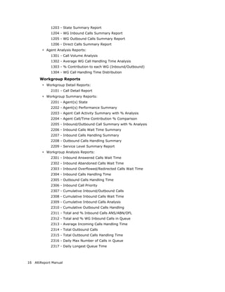 1203 - State Summary Report
             1204 - WG Inbound Calls Summary Report
             1205 - WG Outbound Calls Summary Report
             1206 - Direct Calls Summary Report
        • Agent Analysis Reports:
             1301 - Call Volume Analysis
             1302 - Average WG Call Handling Time Analysis
             1303 - % Contribution to each WG (Inbound/Outbound)
             1304 - WG Call Handling Time Distribution

       Workgroup Reports
        • Workgroup Detail Reports:
             2101 - Call Detail Report
        • Workgroup Summary Reports:
             2201 - Agent(s) State
             2202 - Agent(s) Performance Summary
             2203 - Agent Call Activity Summary with % Analysis
             2204 - Agent Call/Time Contribution % Comparison
             2205 - Inbound/Outbound Call Summary with % Analysis
             2206 - Inbound Calls Wait Time Summary
             2207 - Inbound Calls Handling Summary
             2208 - Outbound Calls Handling Summary
             2209 - Service Level Summary Report
        • Workgroup Analysis Reports:
             2301 - Inbound Answered Calls Wait Time
             2302 - Inbound Abandoned Calls Wait Time
             2303 - Inbound Overflowed/Redirected Calls Wait Time
             2304 - Inbound Calls Handling Time
             2305 - Outbound Calls Handling Time
             2306 - Inbound Call Priority
             2307 - Cumulative Inbound/Outbound Calls
             2308 - Cumulative Inbound Calls Wait Time
             2309 - Cumulative Inbound Calls Analysis
             2310 - Cumulative Outbound Calls Handling
             2311 - Total and % Inbound Calls ANS/ABN/OFL
             2312 - Total and % WG Inbound Calls in Queue
             2313 - Average Incoming Calls Handling Time
             2314 - Total Outbound Calls
             2315 - Total Outbound Calls Handling Time
             2316 - Daily Max Number of Calls in Queue
             2317 - Daily Longest Queue Time



16 AltiReport Manual
 