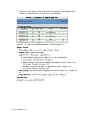 6.   Select the export format (HTML, PDF, Excel) and whether to separate the report
            results into several files and/or export only specified pages.




       Figure 1.    This report shows activity event data for agent extension 717.

       Report Fields
        • Time Stamp—Date and time the agent changes activity
        • Agent—Agent’s extension number
        • Activity Type—Displays the type of activity:
                 • Unstaff—Agent’s extension is logged out as a virtual extension
                 • Login—Agent is logged in to a workgroup
                 • Ready—Agent is logged in and ready to take workgroup calls (applies to all
                   workgroups the agent is logged into)
                 • Not Ready—Agent is not ready to take workgroup calls (applies to all
                   workgroups the agent is logged into)
        • Workgroup—The number of the workgroup this agent is logged into or logged out
            of
        • Logout Reason—The reason the agent logged out of a workgroup
       Data Source
       All data from the table AGENTACTIVITY




26 AltiReport Manual
 