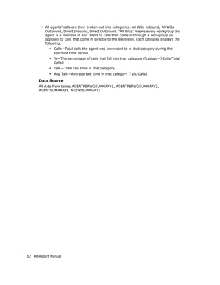 • All agents’ calls are then broken out into categories: All WGs Inbound, All WGs
          Outbound, Direct Inbound, Direct Outbound. “All WGs” means every workgroup the
          agent is a member of and refers to calls that come in through a workgroup as
          opposed to calls that come in directly to the extension. Each category displays the
          following:
             • Calls—Total calls the agent was connected to in that category during the
               specified time period
             • %—The percentage of calls that fall into that category ([category] Calls/Total
               Calls0
             • Talk—Total talk time in that category
             • Avg Talk—Average talk time in that category (Talk/Calls)
       Data Source
       All data from tables AGENTPERWGSUMMARY1, AGENTPERWGSUMMARY2,
       AGENTSUMMARY1, AGENTSUMMARY2




32 AltiReport Manual
 