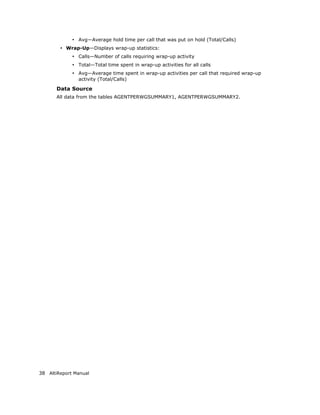• Avg—Average hold time per call that was put on hold (Total/Calls)
        • Wrap-Up—Displays wrap-up statistics:
             • Calls—Number of calls requiring wrap-up activity
             • Total—Total time spent in wrap-up activities for all calls
             • Avg—Average time spent in wrap-up activities per call that required wrap-up
               activity (Total/Calls)

       Data Source
       All data from the tables AGENTPERWGSUMMARY1, AGENTPERWGSUMMARY2.




38 AltiReport Manual
 
