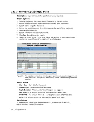 2201 - Workgroup Agent(s) State
       Description: Reports the state for specified workgroup agent(s).
       Report Options
       1.   Select a workgroup, then select agent(s) assigned to that workgroup.
       2.   Choose how you want the data summarized (by day, week, or month).
       3.   Specify a time range for the report.
       4.   Narrow the report to specific days of the week and a span of time (optional).
       5.   Select a group-by option.
       6.   Specify whether to include empty records.
       7.   Click Run Report to run the report.
       8.   Select the export format (HTML, PDF, Excel) and whether to separate the report
            results into several files and/or export only specified pages.




       Figure 14.   This report shows length of time the agent spent in various states (logged in, not
                    ready, DND/FWD, error) during the reporting period. Subtotals and grand totals
                    are given.

       Report Fields
        • Start Date—Start date for the report
        • Agent—Agent’s extension number and name
        • Login Duration—The amount of time the agent was logged in
        • Not Ready—The amount of time the agent was in Not-Ready state
        • DND/FWD—The amount of time the agent’s phone was in DND/FWD state
        • Error—The amount of time the agent’s phone was in error state.
       Data Source
       All data from the tables AGENTPERWGSUMMARY1, AGENTPERWGSUMMARY3,
       AGENTSUMMARY1, AGENTSUMMARY4.


50 AltiReport Manual
 