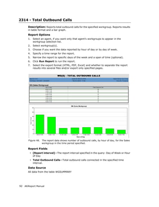 2314 - Total Outbound Calls
       Description: Reports total outbound calls for the specified workgroup. Reports results
       in table format and a bar graph.

       Report Options
       1.   Select an agent, if you want only that agent’s workgroups to appear in the
            workgroup selection list.
       2.   Select workgroup(s).
       3.   Choose if you want the data reported by hour of day or by day of week.
       4.   Specify a time range for the report.
       5.   Narrow the report to specific days of the week and a span of time (optional).
       6.   Click Run Report to run the report.
       7.   Select the export format (HTML, PDF, Excel) and whether to separate the report
            results into several files and/or export only specified pages.




       Figure 48.    The report data shows number of outbound calls, by hour of day, for the Sales
                     workgroup in the time period specified.

       Report Fields
        • [Report interval]—The report interval specified in the query: Day of Week or Hour
            of Day
        • Total Outbound Calls—Total outbound calls connected in the specified time
            interval.

       Data Source
       All data from the table WGSUMMARY




92 AltiReport Manual
 