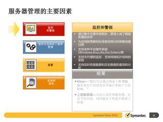 服务器管理的主要因素

      监控                    监控和警报
      和警报
                 通过集中式事件控制台，更深入地了解服
                  务器的状态
                 为启用新策略和标准提供简化的策略创建
    软件分发和补丁程序     过程
       管理
                 支持多种平台操作系统
                  (Windows,linux,Aix,Esx,Solaris)等
                 支持无代理的监控，支持网络拓扑结构的
                  发现
       设置        支持实时性能数据和历史数据的查询和分
                  析

                               结果
       查询和       Meijer—“我们可以通过图表了解 SQL
        清单
                  服务器发生的更改对其他计算机产生的
                  影响。”
                 上海集装箱—可以自动管理服务器，从
                  而节省时间，同时提高了性能并增强了
                  控制



                             Symantec Vision 2010    21
 