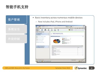 智能手机支持

                                     • Basic inventory across numerous mobile devices
    资产管理
                                       – Now includes iPad, iPhone and Android


    系统安全


    外设控制




CMS and SMS: Now and in the Future                          Symantec Vision 2010        26
 