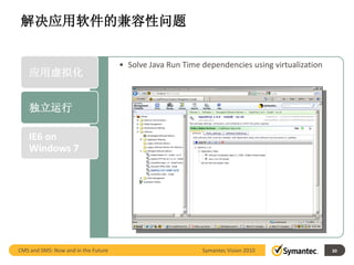 解决应用软件的兼容性问题


                                     • Solve Java Run Time dependencies using virtualization
    应用虚拟化


    独立运行

    IE6 on
    Windows 7




CMS and SMS: Now and in the Future                         Symantec Vision 2010                30
 