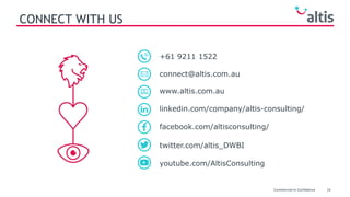 24Commercial-in-Confidence
CONNECT WITH US
www.altis.com.au
connect@altis.com.au
+61 9211 1522
twitter.com/altis_DWBI
facebook.com/altisconsulting/
linkedin.com/company/altis-consulting/
youtube.com/AltisConsulting
 