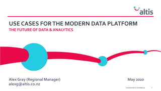USE CASES FORTHE MODERN DATA PLATFORM
THE FUTURE OF DATA & ANALYTICS
Alex Gray (Regional Manager) May 2020
alexg@altis.co.nz
1Commercial-in-Confidence
 