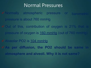 Normal Pressures
 Normally atmospheric pressure or
pressure is about 760 mmHg
barometric
 Out of this, contribution of oxygen is 21% that is
pressure of oxygen is 160 mmHg (out of 760 mmHg)
 Alveolar PO2 is 104 mmHg
 As per diffusion, the PO2 should be same in
atmosphere and alveoli. Why it is not same?
 