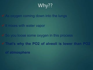 Why??
 As oxygen coming down into the lungs
 It mixes with water vapor
 So you loose some oxygen in this process
 That’s why the PO2 of alveoli is lower than PO2
of atmosphere
 