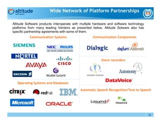 Wide Network of Platform Partnerships

Altitude Software products interoperate with multiple hardware and software technology
platforms from many leading Vendors as presented below. Altitude Sotware also has
specific partnership agreements with some of them.
           Communication Systems                    Communication Components




                                                          Voice recorders




   Operating Systems and Databases

                                            Automatic Speech Recognition/Text to Speech




                                                                                         12
 