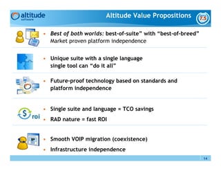 Altitude Value Propositions

• Best of both worlds: best-of-suite” with “best-of-breed”
  Market proven platform independence


• Unique suite with a single language
  single tool can “do it all”

• Future-proof technology based on standards and
  platform independence


• Single suite and language = TCO savings
• RAD nature = fast ROI


• Smooth VOIP migration (coexistence)
• Infrastructure independence
                                                             14
 