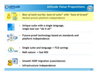 Altitude Value Propositions

• Best of both worlds: best-of-suite” with “best-of-breed”
  Market proven platform independence


• Unique suite with a single language,
  single tool can “do it all”

• Future-proof technology based on standards and
  platform independence


• Single suite and language = TCO savings
• RAD nature = fast ROI


• Smooth VOIP migration (coexistence)
• Infrastructure independence
                                                             15
 