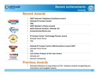 Recent Achievements
                                                            Awards
Recent Awards
    2007 Internet Telephony Excellence Award
    Altitude IP Contact Center
    TMC
    2007 Member's Choice Awards
    Multi-Channel Solution: Altitude uCI
    ContactCenterWorld.com

    IP Contact Center Technology Pioneer Award
    Altitude Voice Portal
    TMC

    Altitude IP Contact Centre CRM Excellence Award 2007
    Altitude Voice Portal
    TMC
    Call Center Product of the Year Award
    Altitude uCI
    Network Computing

Previous Awards
    Altitude Software as long history of 25+ industry awards recognizing our
    innovation and tangible results.
                                                                               32
 