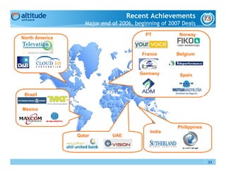 Recent Achievements
                   Major end of 2006, beginning of 2007 Deals
                                          PT          Norway
North America


                                        France       Belgium



                                       Germany         Spain



 Brazil


Mexico


                                                      Philippines
                                           India
                Qatar        UAE




                                                                    33
 