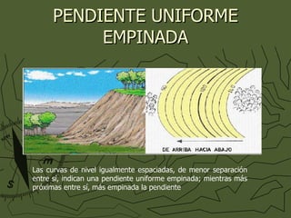 PENDIENTE UNIFORME EMPINADA Las curvas de nivel igualmente espaciadas, de menor separación entre sí, indican una pendiente uniforme empinada; mientras más próximas entre sí, más empinada la pendiente 