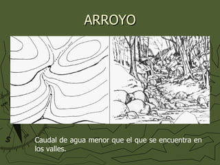 ARROYO Caudal de agua menor que el que se encuentra en los valles. 