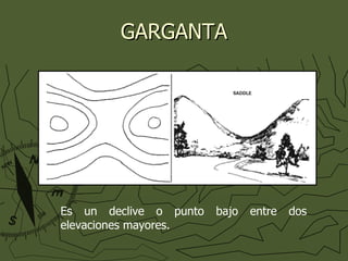 GARGANTA Es  un declive o punto bajo entre dos elevaciones mayores. 