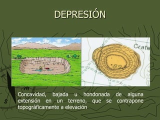 DEPRESIÓN Concavidad, bajada u hondonada de alguna extensión en un terreno, que se contrapone topográficamente a elevación 