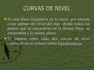 CURVAS DE NIVEL Es una línea imaginaria en la tierra  por encima o por debajo del nivel del mar  donde todos los puntos que se encuentran en la misma línea  se encuentran a la misma altura. El espacio entre cada dos curvas de nivel consecutivas se conoce como  Equidistancia. 