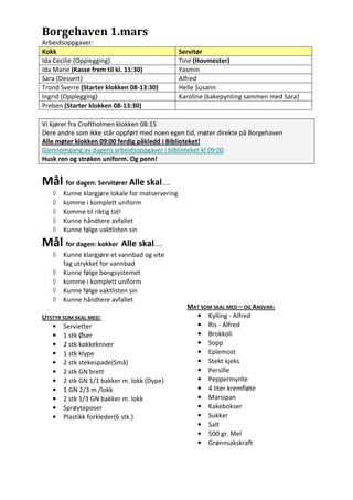 Borgehaven 1.mars
Arbeidsoppgaver:
Kokk                                             Servitør
Ida Cecilie (Opplegging)                         Tine (Hovmester)
Ida Marie (Kasse frem til kl. 11:30)             Yasmin
Sara (Dessert)                                   Alfred
Trond Sverre (Starter klokken 08-13:30)          Helle Susann
Ingrid (Opplegging)                              Karoline (kakepynting sammen med Sara)
Preben (Starter klokken 08-13:30)

Vi kjører fra Croftholmen klokken 08:15
Dere andre som ikke står oppført med noen egen tid, møter direkte på Borgehaven
Alle møter klokken 09:00 ferdig påkledd i Biblioteket!
Gjennomgang av dagens arbeidsoppgaver i biblioteket kl 09:00
Husk ren og strøken uniform. Og penn!


Mål for dagen: Servitører Alle skal…..
   ◊   Kunne klargjøre lokale for matservering
   ◊   komme i komplett uniform
   ◊   Komme til riktig tid!
   ◊   Kunne håndtere avfallet
   ◊   Kunne følge vaktlisten sin

Mål for dagen: kokker Alle skal…..
   ◊   Kunne klargjøre et vannbad og vite
       fag utrykket for vannbad
   ◊   Kunne følge bongsystemet
   ◊   komme i komplett uniform
   ◊   Kunne følge vaktlisten sin
   ◊   Kunne håndtere avfallet
                                                   MAT SOM SKAL MED – OG ANSVAR:
UTSTYR SOM SKAL MED:                                 • Kylling - Alfred
   • Servietter                                      • Ris - Alfred
   • 1 stk Øser                                      • Brokkoli
   • 2 stk kokkekniver                               • Sopp
   • 1 stk klype                                     • Eplemost
   • 2 stk stekespade(Små)                           • Stekt kjeks
   • 2 stk GN brett                                  • Persille
   • 2 stk GN 1/1 bakker m. lokk (Dype)              • Peppermynte
   • 1 GN 2/3 m /lokk                                • 4 liter kremfløte
   • 2 stk 1/3 GN bakker m. lokk                     • Marsipan
   • Sprøyteposer                                    • Kakebokser
   • Plastikk forkleder(6 stk.)                      • Sukker
                                                     • Salt
                                                     • 500 gr. Mel
                                                     • Grønnsakskraft
 
