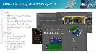 33
ATINA
• Multi-board System Design
Capability
• Advanced Routing Capability
• Constraint-Driven Design
• Handling Large Boards with
Ease
X2 Platform
• Next Generation - 3D
Graphics Engine
• State-of-the-art User
Interface/Experience
• 64-bit Computing
architecture
ATINA - Altium’s High-End PCB Design Tool
Forpersonaluseonly
 