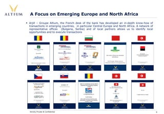 A Focus on Emerging Europe and North Africa
Arjill – Groupe Altium, the French desk of the bank has developed an in-depth know-how of
transactions in emerging countries, in particular Central Europe and North Africa. A network of
representative offices (Bulgaria, Serbia) and of local partners allows us to identify local
opportunities and to execute transactions




               Has acquired

                                                                                             Has sold its Moroccan insurance
                                                                                                        subsidiaries


                                                                                               Arjil Groupe Altium acted as
 ARJIL acted as financial adviser to Groupama                                               Financial Adviser to Groupama/Gan
                 April 2008




                                                Sale of a substantial minority stake in
                                                 Quadrant Amroq Bottling Company
                                                               Limited




                                                        to PepsiAmericas Inc

                                                             for $51million
                                                 Altium acted as financial adviser to the
                                                shareholders of Quadrant Amroq Bottling
                                                            Company Limited




Strictly Private & Confidential                                                                                                 9
 