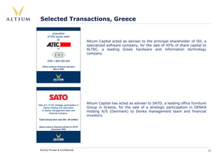 Selected Transactions, Greece

              Acquisition
         of 45% equity stake
                 by
                                             Altium Capital acted as adviser to the principal shareholder of ISI, a
                                             specialized software company, for the sale of 45% of share capital to
                   in                        ALTEC, a leading Greek hardware and information technology
                                             company

         GRD 1.800.000.000

    Altium acted as Financial Advisers
               March 2000




Sale of a 15.4% strategic participation in
                                             Altium Capital has acted as adviser to SATO, a leading office furniture
     Denka Holding A/S (Denmark)             Group in Greece, for the sale of a strategic participation in DENKA
   to Denka management team and
           financial investors.
                                             Holding A/S (Denmark) to Denka management team and financial
                                             investors.
Total transaction size Dkr. 40 million


Altium acted as financial adviser to SATO
             December 2005




 Strictly Private & Confidential                                                                                       12
 
