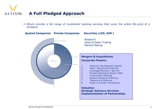 A Full Pledged Approach

Altium provide a full range of investment banking services that cover the entire life-cycle of a
company:

Quoted Companies                    Private Companies       Securities (LES, AIM )

                                                            Research
                                                            Sales & Sales Trading
                                                            Market Making



                                                        Mergers & Acquisitions
                                                        Corporate Finance

                                                        1       Venture / Development Capital
                                                        2       Debt / Structured Financing
                                                        3       Leveraged Buyouts / Buy-ins
                                                        4       Private Placements Equity /Debt
                                                        5       Initial Public Offerings
                                                        6       Quoted Company Financing
                                                        7       Takeovers & Defences
                                                        8       Public to Private Transactions

                                                        Valuation
                                                        Strategic Advisory Services
                                                        Implementation of Partnerships




  Strictly Private & Confidential                                                                  3
 