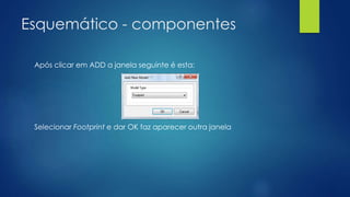 Esquemático - componentes
Após clicar em ADD a janela seguinte é esta:
Selecionar Footprint e dar OK faz aparecer outra janela
 