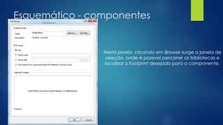 Esquemático - componentes
Nesta janela, clicando em Browse surge a janela de
seleção, onde é possível percorrer as bibliotecas e
localizar o footprint desejado para o componente.
 
