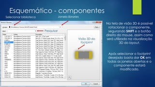 Esquemático - componentes
Na tela de visão 3D é possível
rotacionar o componente,
segurando SHIFT e o botão
direito do mouse, assim como
será utilizado na visualização
3D do layout.
Após selecionar o footprint
desejado basta dar OK em
todas as janelas abertas e o
componente estará
modificado.
Selecionar biblioteca Janela libraries
Pesquisar
Visão 3D do
footprint
 