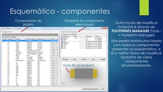 Esquemático - componentes
Outro modo de modificar
footprints é através do
FOOTPRINTS MANAGER (Tools -
> Footprints Manager)
Esta janela mostra uma tabela
com todos os componentes
presentes no esquemático, e
é a melhor forma de modificar
footprints de vários
componentes
simultaneamente.
Componentes do
projeto
Footprints do componente
selecionado
Visão 3D do footprint
 