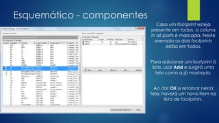Esquemático - componentes
Caso um footprint esteja
presente em todos, a coluna
In all parts é marcada. Neste
exemplo os dois footprints
estão em todos.
Para adicionar um footprint à
lista, usar Add e surgirá uma
tela como a já mostrada.
Ao dar OK e retornar nesta
tela, haverá um novo item na
lista de footprints.
 