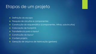 Etapas de um projeto
 Definição do escopo
 Pesquisa de circuitos e componentes
 Construção do esquemático (componentes, trilhas, subcircuitos)
 Colocação de footprints
 Transferência para o layout
 Construção do layout
 Conferir projeto
 Geração de arquivos de fabricação (gerbers)
 