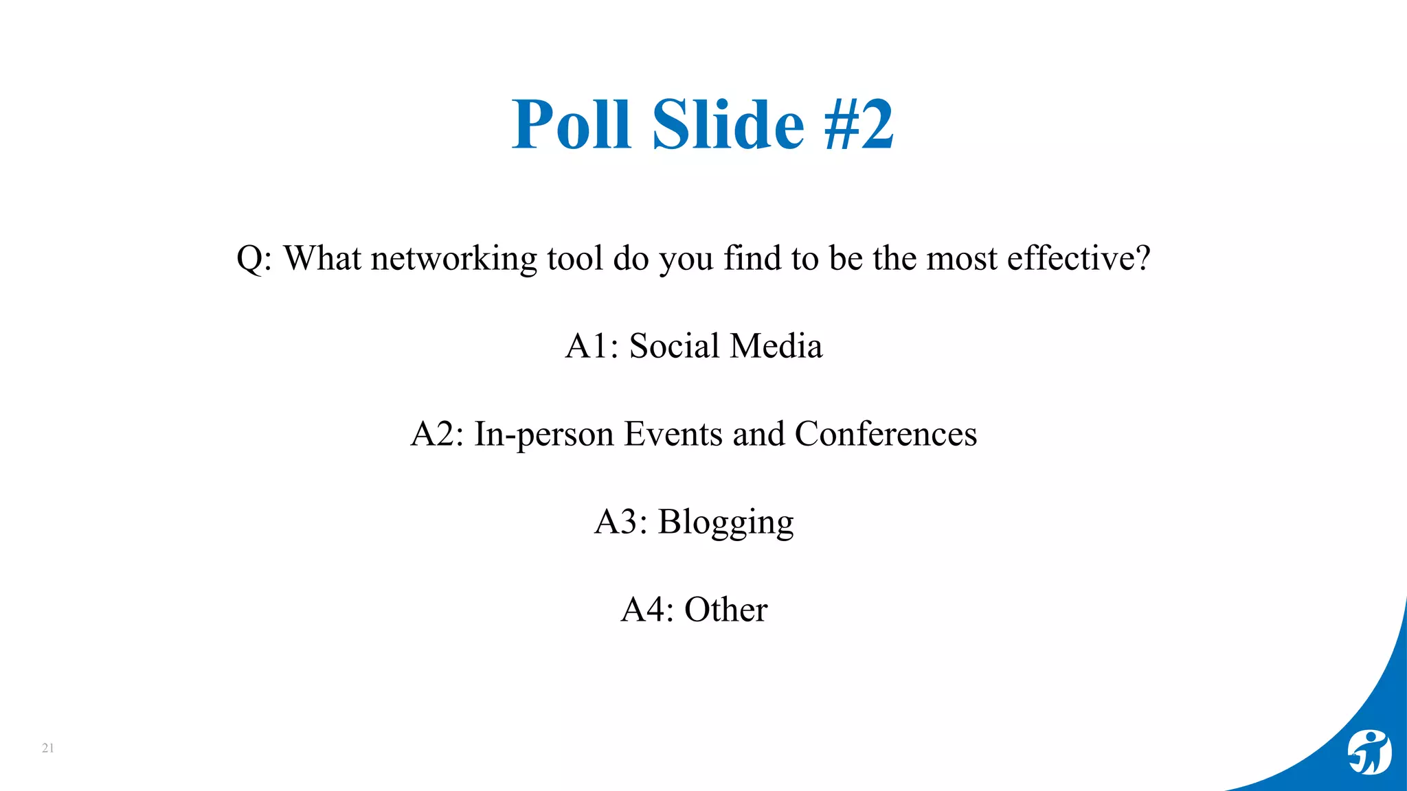 Poll Slide #2
Q: What networking tool do you find to be the most effective?
A1: Social Media
A2: In-person Events and Conferences
A3: Blogging
A4: Other
21
 