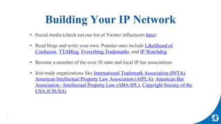 Building Your IP Network
20
• Social media (check out our list of Twitter influencers here)
• Read blogs and write your ow...