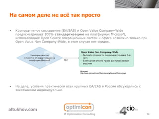 На самом деле не всё так просто

•   Корпоративное соглашение (EA/EAS) и Open Value Company-Wide
    предусматривает 100% стандартизацию на платформах Microsoft,
    использование Open Source операционных систем и офиса возможно только при
    Open Value Non Company-Wide, в этом случае нет скидок.




                                            Источник:
                                            http://www.microsoft.com/Rus/Licensing/General/Choice.mspx




•   На деле, условия практически всех крупных EA/EAS в России обсуждались с
    заказчиками индивидуально.




                               IT Optimization Consulting                                                14
 