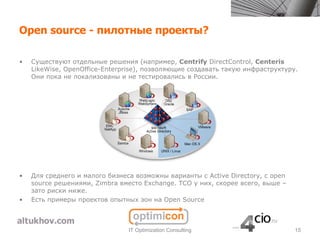 Open source - пилотные проекты?

•   Cуществуют отдельные решения (например, Centrify DirectControl, Centeris
    LikeWise, OpenOffice-Enterprise), позволяющие создавать такую инфраструктуру.
    Они пока не локализованы и не тестировались в России.




•   Для среднего и малого бизнеса возможны варианты с Active Directory, с open
    source решениями, Zimbra вместо Exchange. TCO у них, скорее всего, выше –
    зато риски ниже.
•   Есть примеры проектов опытных зон на Open Source



                                IT Optimization Consulting                       15
 