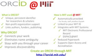 Why ORCID?
✓ Connects your work
✓ Eliminates name ambiguity
✓ Stays with you through your career
✓ Improves discoverability
What is ORCID?
✓ Unique, persistent identifier
for researchers & scholars
✓ Non-profit organization support
✓ Links authors, funders, publishing
Create an ORCID through MIT
http://orcid.mit.edu/
@
How is MIT used @ MIT?
✓ Automatically provided
– for faculty, staff, postdocs & grads
✓ Linked to your MIT ID
✓ Integrates with MIT Systems:
✓ MIT Electronic Professional
Record
✓ DSPACE@MIT
✓ Reduced Paperwork
✓ Supports Open Access and
Accreditation
 