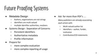 Future Proofing Systems
● Metadata Design
○ Authors, organizations are not strings
○ identifiers are multi-valued
○ multiple identifier authorities, resolvers
● Systems Design - Separation of Concerns
○ Persistent identifiers
○ Authoritative metadata
○ Profile information
● Prepare for
○ more complex evaluation
○ more complex reporting of usage
● Ask for more than PDF’s …
Many publishers are already associating
each article with:
○ Multi-valued author list
○ Identifiers – author, funder,
institution
○ Contribution/COI statements
20
 