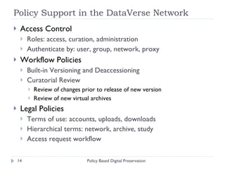 Policy Support in the DataVerse Network Access Control Roles: access, curation, administration Authenticate by: user, group, network, proxy Workflow Policies Built-in Versioning and Deaccessioning Curatorial Review Review of changes prior to release of new version Review of new virtual archives Legal Policies Terms of use: accounts, uploads, downloads Hierarchical terms: network, archive, study Access request workflow Policy Based Digital Preservation 