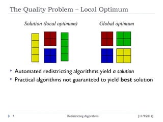 The Quality Problem – Local Optimum




   Automated redistricting algorithms yield a solution
   Practical algorithms n...