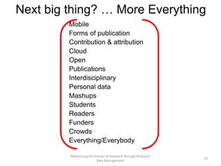 Next big thing? … More Everything
Mobile
Forms of publication
Contribution & attribution
Cloud
Open
Publications
Interdisciplinary
Personal data
Mashups
Students
Readers
Funders
Crowds
Everything/Everybody
10
Maximizing the Impact of Research through Research
Data Management
 